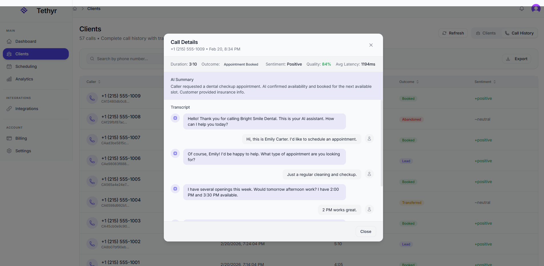 Tethyr call detail view with full AI conversation transcript, quality metrics, and sentiment analysis